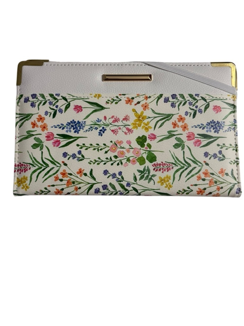 Floral White Clurtch Wallet with Gold Accents. Multi card case